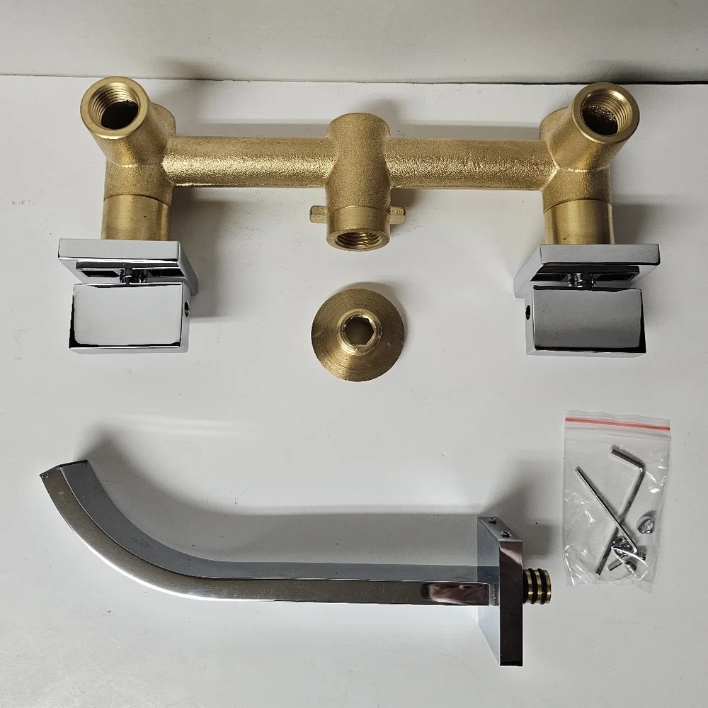 Sumerain Bathroom Sink Faucet and Valves - Wall Mount - Silver & Gold